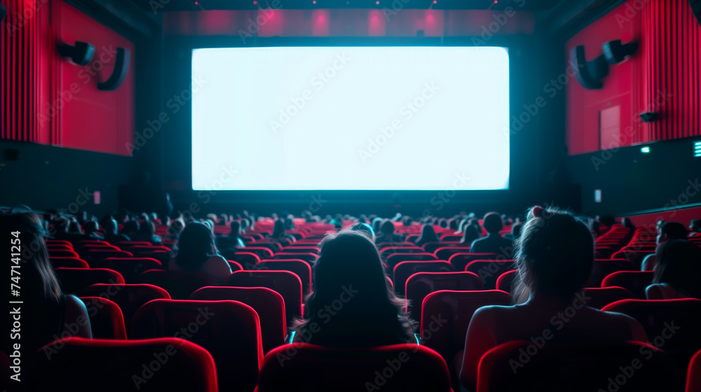Audience in cinema with white screen and copy space.

