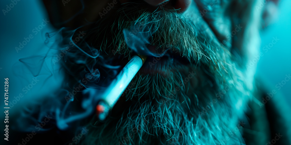Close-up of a bearded man smoking a cigarette. - obrazy, fototapety, plakaty 