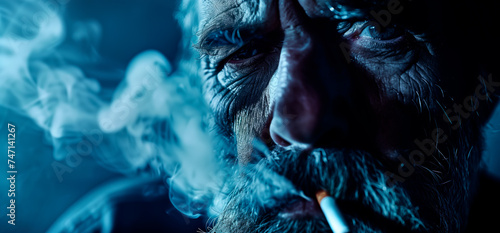 Close-up of a bearded man smoking a cigarette.