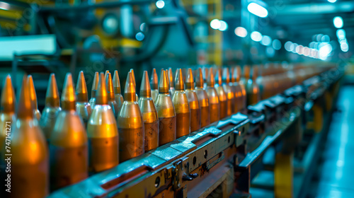 Ammunition production line with rows of bullets artillery grenades, precision engineering, defense industry.