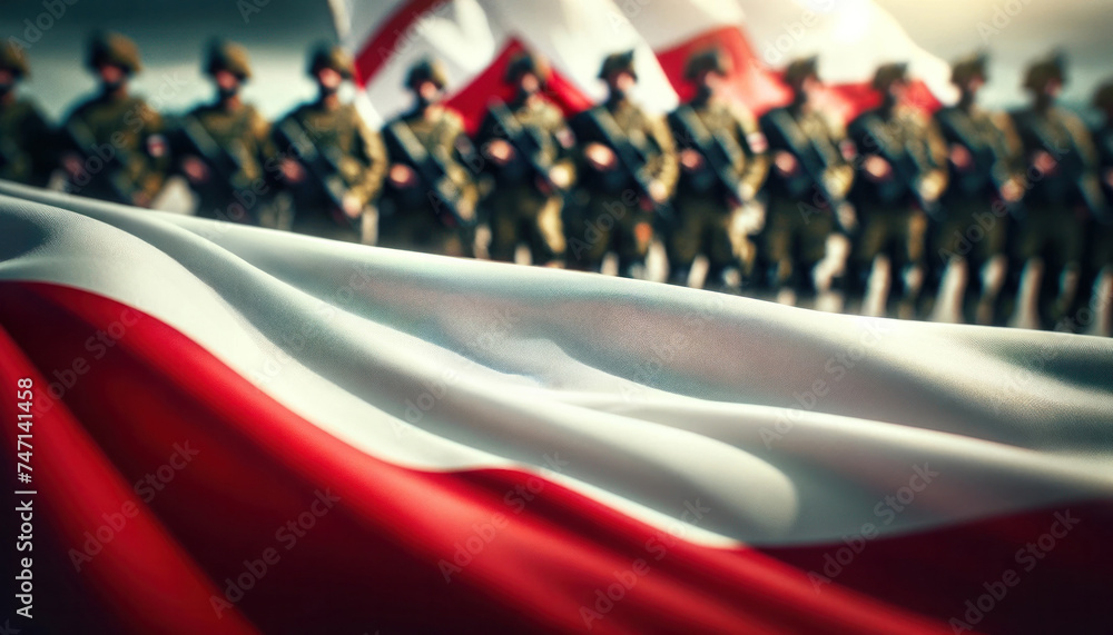 Polish flag close-up with a blurred Polish military unit in the background - obrazy, fototapety, plakaty 