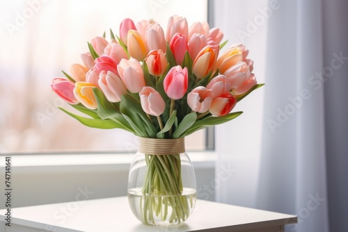 Bouquet of tulips in a vase on a white background. Postcard for Valentine's Day or March 8, Birthday, Anniversary, Wedding 