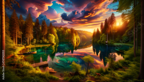 Serene Lake Landscape with Lush Forests and Vibrant Sunset  Generative AI