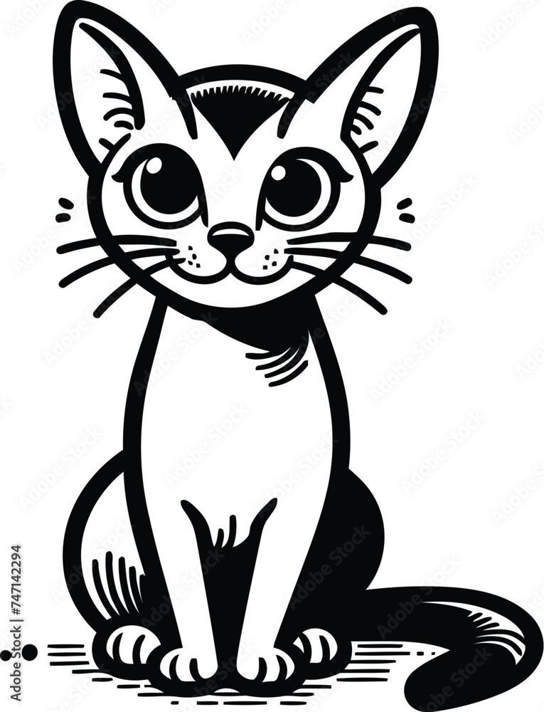 Abyssinian cat in cute animal doodle cartoon, children mascot drawing, outline, 