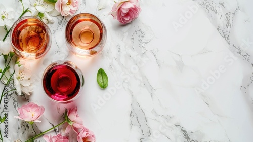 Various shades of rose wine. Flat lay of rose wine of different colors in glasses and spring flowers on marble background  top view.