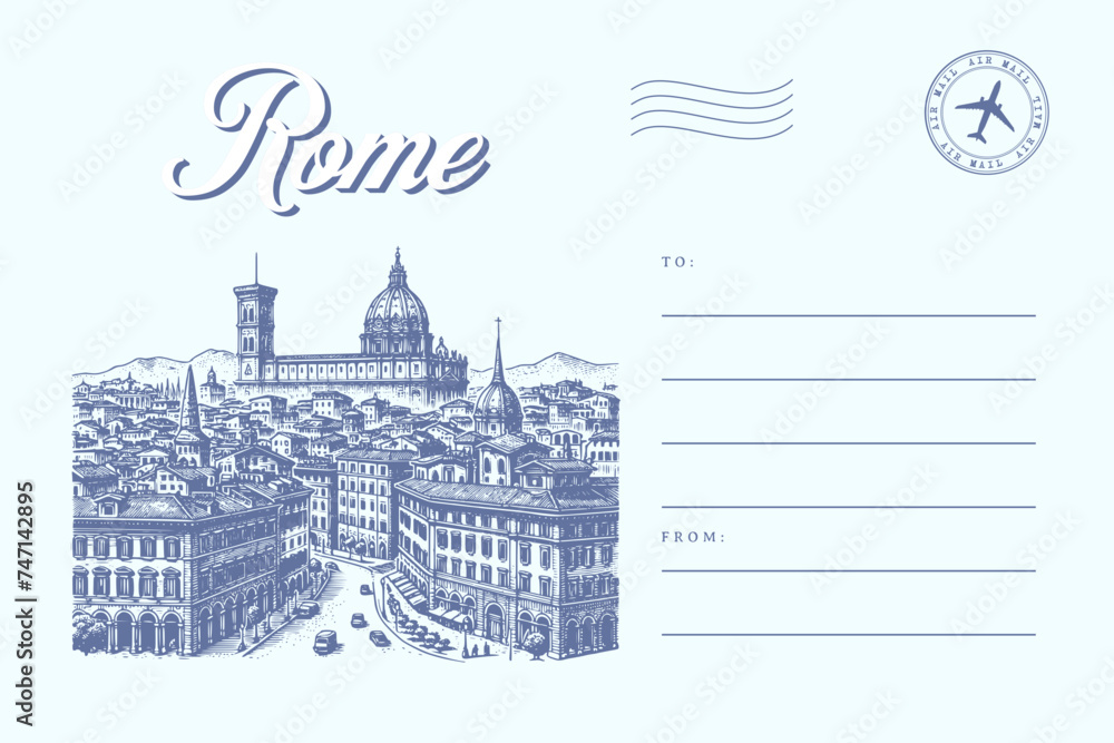 rome italy landscape building city post card template letter text with stamp illustration