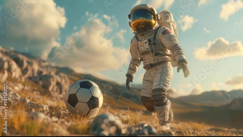 An astronaut in a spacesuit on an alien planet plays football. Slow shot. Majestic scene related to space. photo