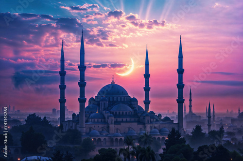 Scenic view of an mosque silhouetted against a vibrant sunrise sky