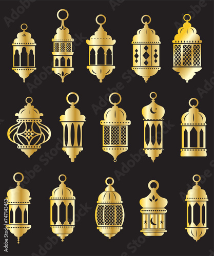 Vector Ramadan arabian islamic lanterns golden shapes set isolated. Vintage lamps silhouettes. Arabesque eastern style clipart.
