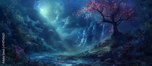 Enchanted Forest Scene with Majestic Waterfall and Mystical Tree