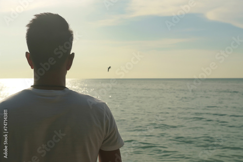 Man contemplating the serene ocean at sunset with a solitary bird in flight. View from the back. View from the back