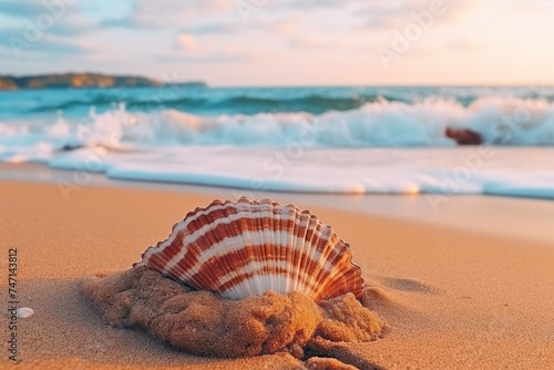 Beautiful seashell on sandy beach with calm waves and blue sky, tropical paradise vacation concept