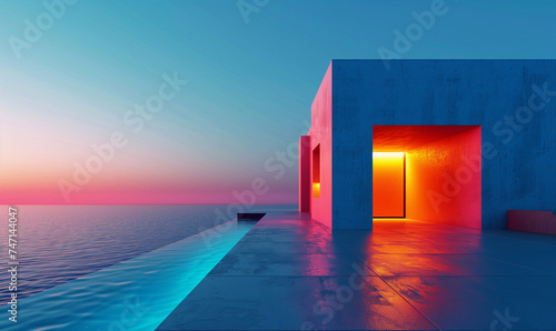 Futuristic and flashy neon minimalism in architecture, featuring a building elegantly positioned on water, creating a stunning visual impact with vibrant lights and a modern aesthetic.
