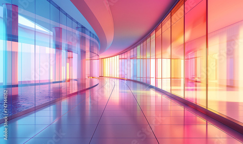 pastel neon minimalism in architecture, featuring a corridor hallway, blending vibrant colors and sleek design, creating a visually striking and futuristic atmosphere.