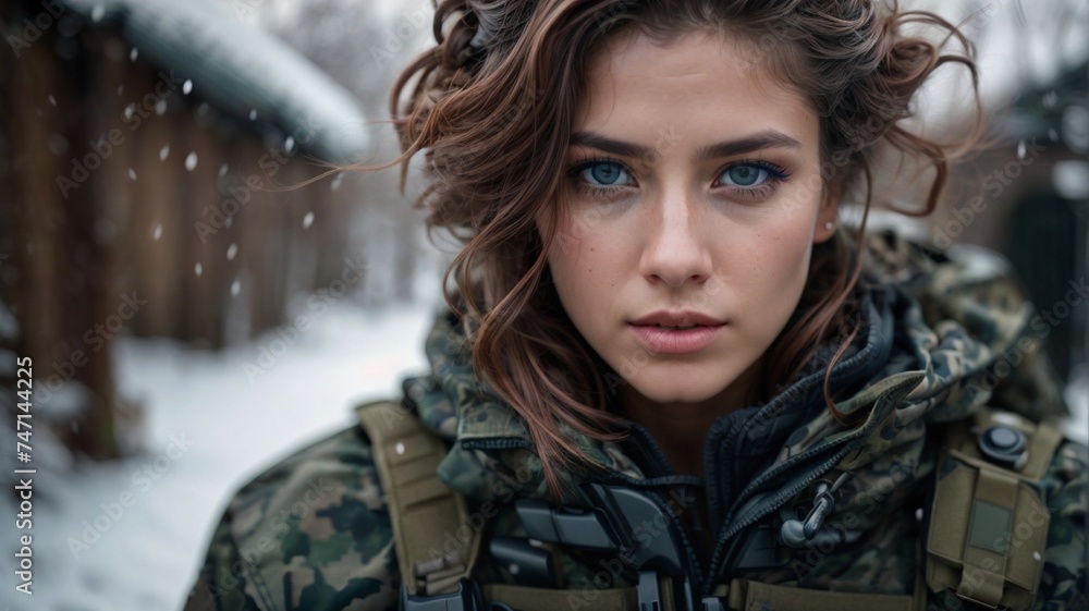 Portrait of a beautiful girl in military uniform.