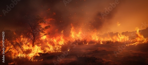 A destructive fire rages through a dry field, fueled by the intense heat and drought conditions. The flames engulf everything in their path, creating a dangerous situation for wildlife and nearby