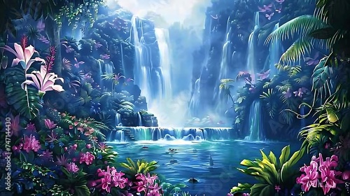 Fantasy landscape with waterfalls, tropical flowers on the foreground. Generative Ai © Handz