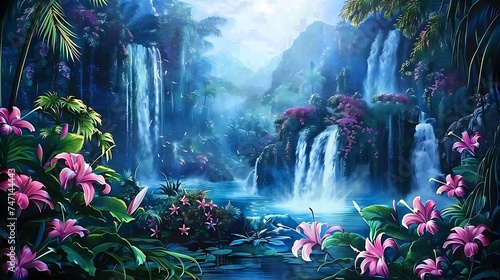 Fantasy landscape with waterfalls, tropical flowers on the foreground. Generative Ai © Handz