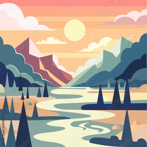 abstract illustration of a sunset in the mountains with river running through