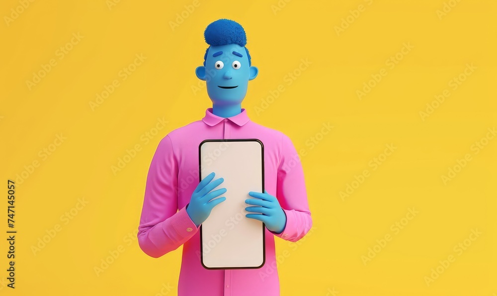 3d render. Cartoon character guy with blue skin wears pink shirt isolated on yellow background. Smart phone with blank screen presentation, Generative AI