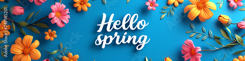 Lettering spring season with plants, leaves and colorful flowers. Hello spring, 1 march concept. Template for greeting card, invitation, banner, poster #747145201