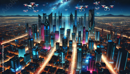 Futuristic cityscape at night with neon lights and drones  Generative AI
