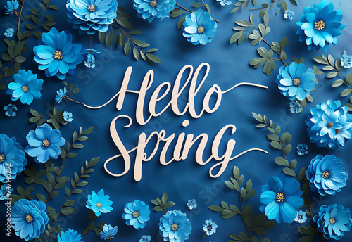 Lettering spring season with plants, leaves and colorful flowers. Hello spring, 1 march concept. Template for greeting card, invitation, banner, poster