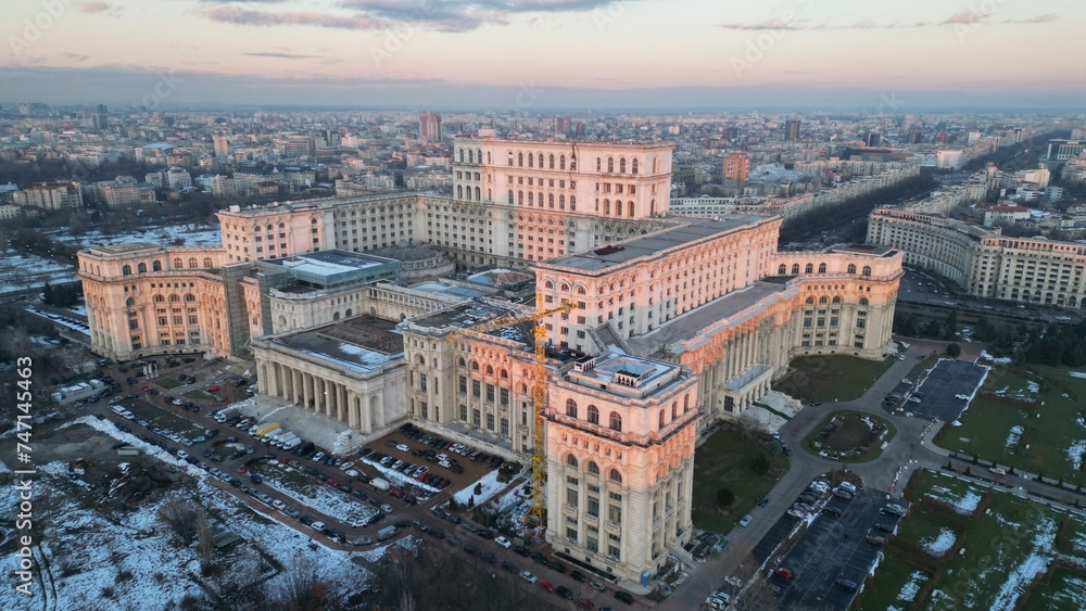 Romanian Parliament Bucharest winter view from above