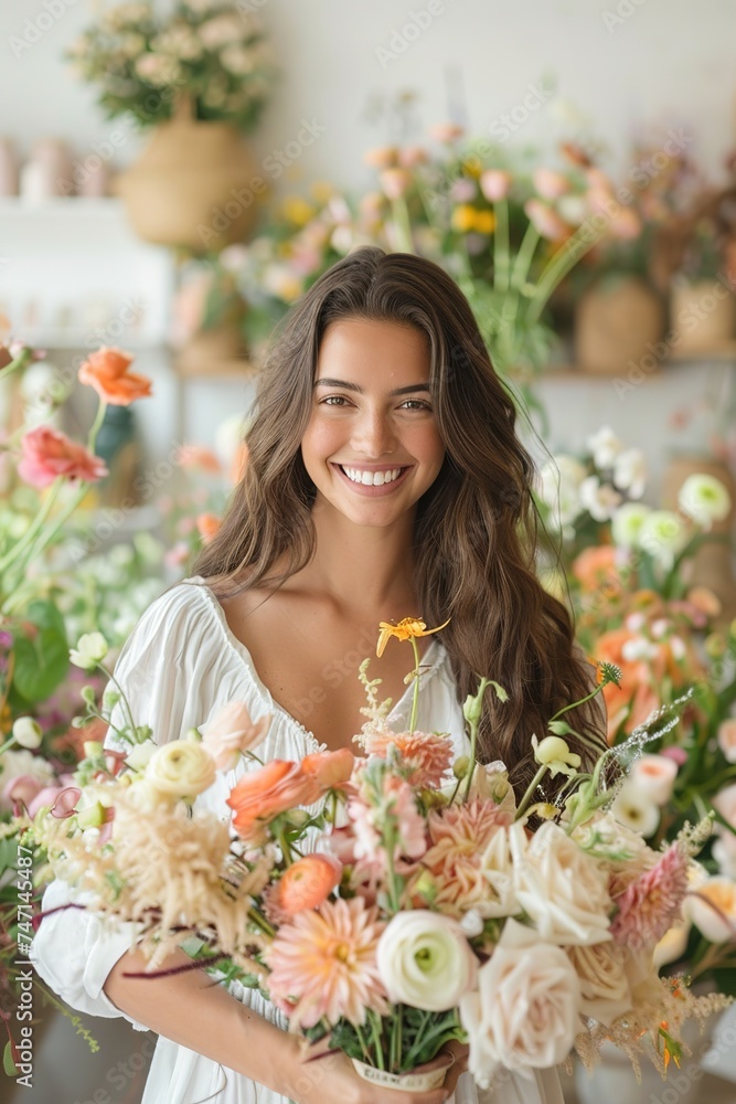 vertical image of smiling young woman florist with a delicate bouquet in a light interior of flower shop