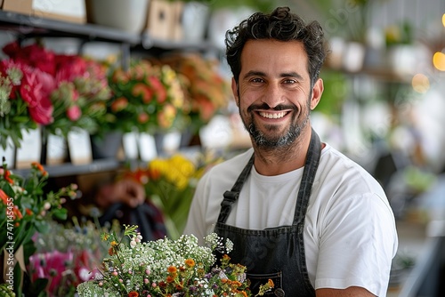 smiling man florist in apron with a bouquet in a light interior of flower shop © Маргарита Вайс