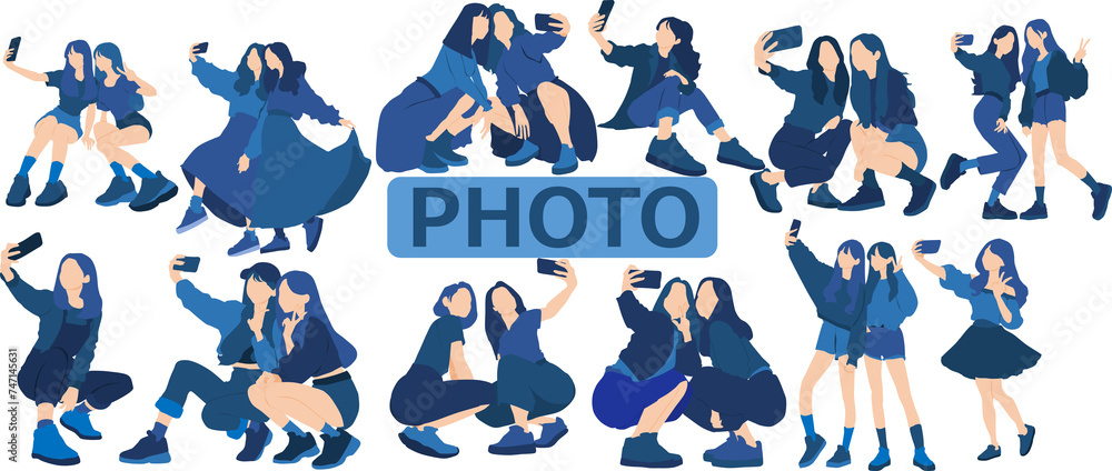 Naklejka premium 自撮りをする女性たちのイラスト