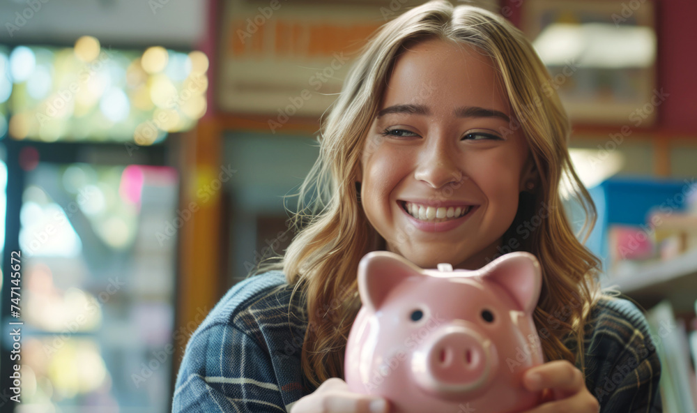 Obraz premium smiling student showing a full piggy bank 