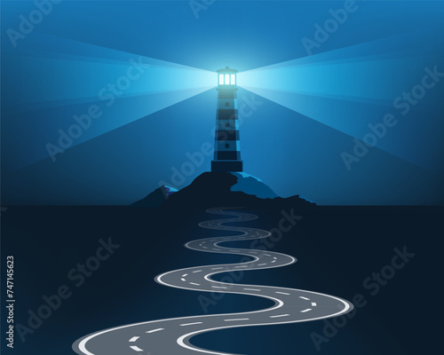 Winding road leads to the light of the lighthouse. Stock vector illustration