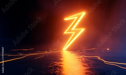3d rendering, abstract minimalist background. Bright warm orange light. Lightning symbol, thunder sign. Simple geometric power shape glowing in the, Generative AI photo
