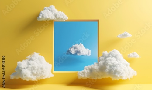3d rendering, abstract background. White clouds fly inside the square blue hole on the yellow wall. Minimalist modern wallpaper, Generative AI