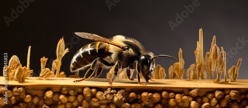 A close up of a male Osmia rapunculi bee perched on a piece of wood, showcasing its intricate body structure and unique characteristics.