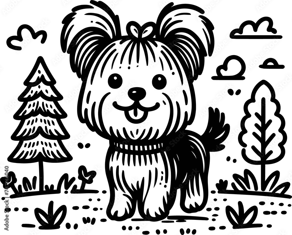 Shih Tzu dog in cute animal doodle cartoon, children mascot drawing, outline,