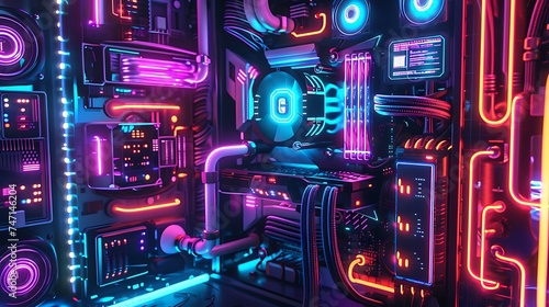 Fantasy neon computer system unit. Generative Ai