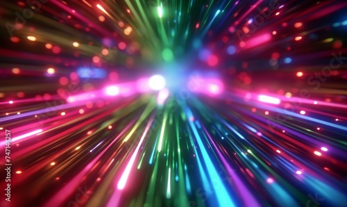 cycled 3d animation. Abstract background with unfocused red blue green neon lines sliding right endlessly. Seamless blurred animated wallpaper, Generative AI