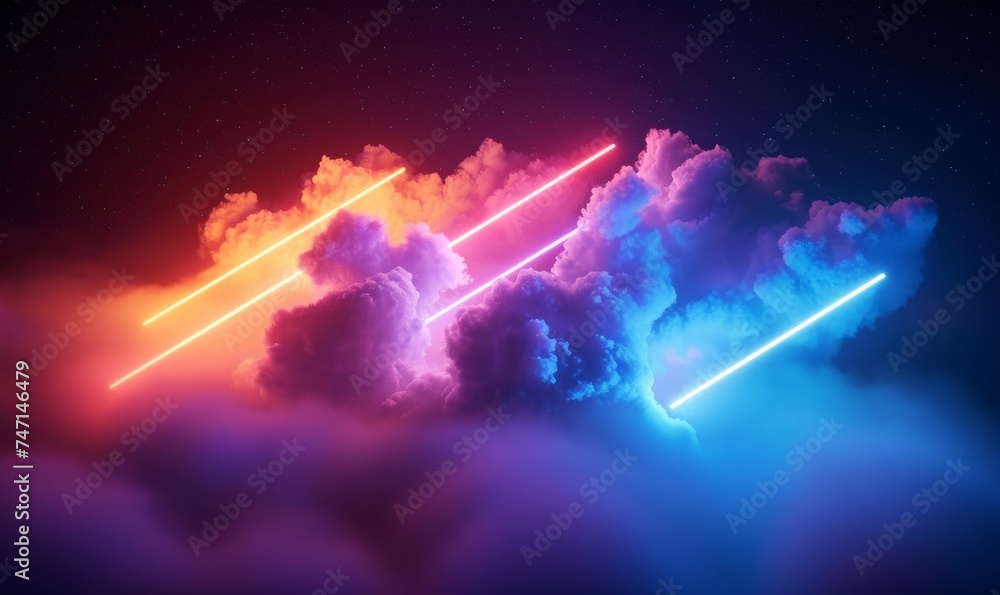 3d render, abstract geometric neon background. Glowing diagonal lines inside the colorful cloud, minimalist fantastic wallpaper, Generative AI - obrazy, fototapety, plakaty 