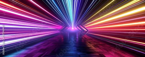 3d render, abstract geometric background with bright neon rays and colorful lines, multicolor spectrum glowing in ultraviolet light, Generative AI