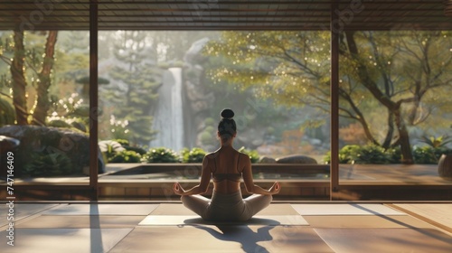 Healthy young woman practicing relaxing yoga at home, sitting in lotus position in living room with beautiful nature view, rear view