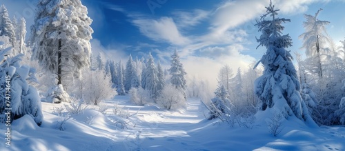 Tranquil Winter Wonderland: Serene Snowy Landscape with Majestic Trees Covered in Snow © TheWaterMeloonProjec