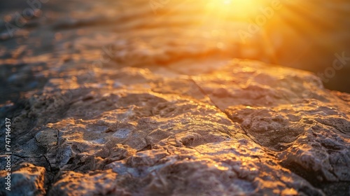 Sunset Glow on Rugged Coastal Rocks. The setting sun casts a warm, golden glow over the rough texture of coastal rocks, highlighting the natural beauty of the shoreline.