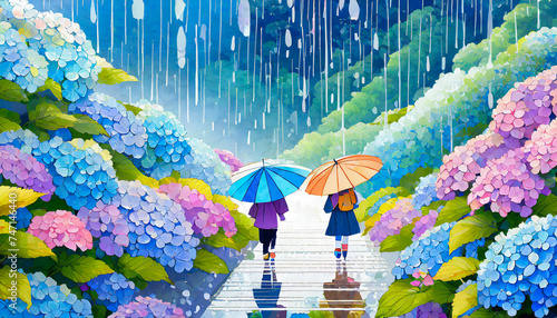 梅雨,雨季,雨の紫陽花の道を傘をさす子供達のイラスト,rainy season,Generative AI AI画像 photo