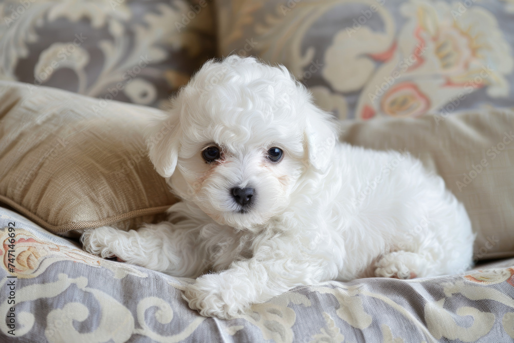 Bichon frise puppy on a couch Bichon frise puppy on a couch