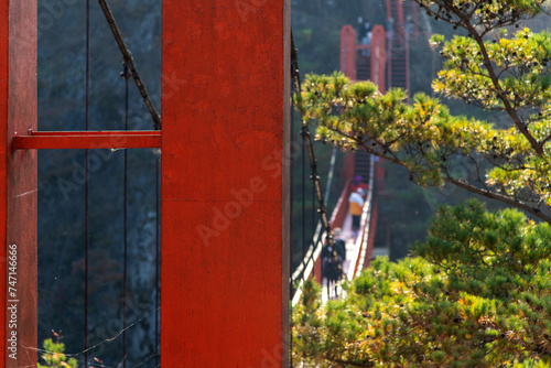 Suspension bridge in the mountain photo