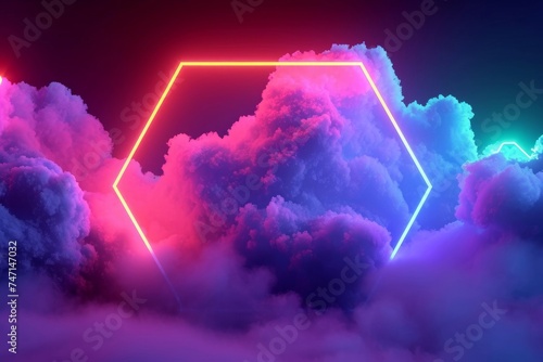 3d rendering, abstract neon background with stormy cloud and hexagonal frame glowing with colorful light, Generative AI