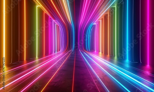 3d render, abstract background with colorful spectrum. Modern wallpaper with bright neon rays and glowing lines, Generative AI