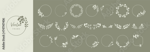 Floral round frame in minimalist style. Hand drawn elegant botanical borders and wreaths with silhouettes of branches, leaves and flowers. Vector isolated set for wedding invitation, card, logo design